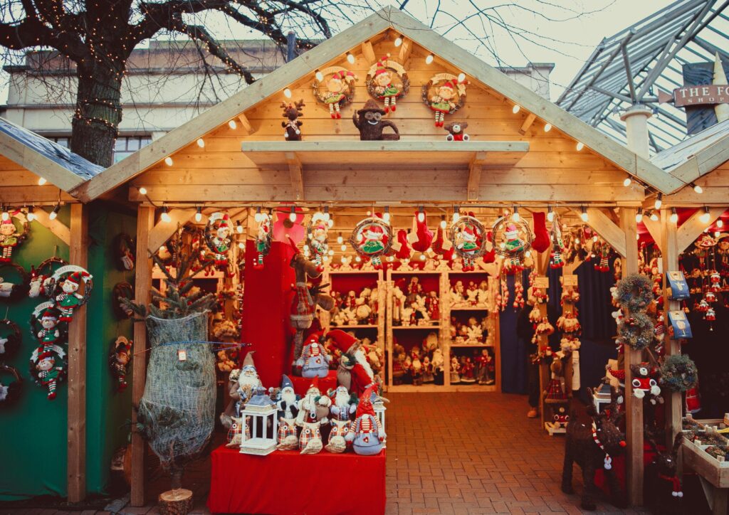 Charming Christmas market stall filled with decorations and festive cheer.